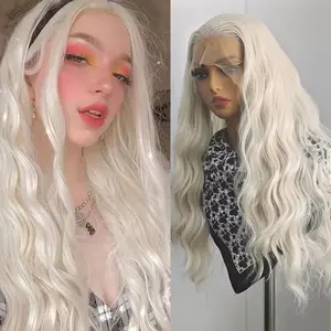 RONGDUOYI Platinum Hair Loose Wave Synthetic Lace Wig Natural Hairline Glueless Free Part White Blonde Lace Front Wigs for Women Cosplay Wear