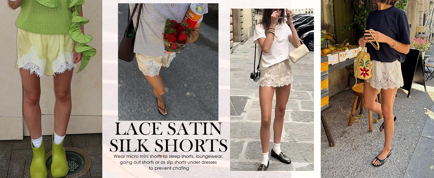 Satin Silk Lace Shorts for Women YeeZaa Y2K Cute Coquette Satin Shorts 2026 Spring Summer Low Rise Lace Trim French Knickers Micro Mini Lounge Pajama Style Short
