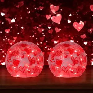ValentinesDayDecorations,Setof2CrackleGlassBallLedLightswithLoveHeartPatternforTableDecor,LightedGlobeswithTimerforHomeIndoorLivingRoomMantelCenterpiece,Red