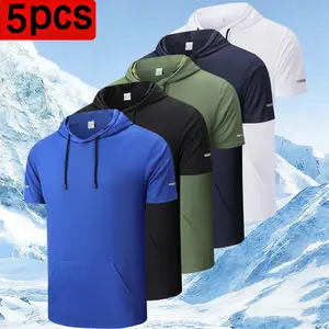 Men’s Summer Quick-Dry Hooded Short-Sleeve T-Shirt, 5-Pack — Breathable, Lightweight Ice Silk Feel Moisture-Wicking Top for Outdoor Running/Training & Casual Wear, with Drawstring Hood and Side Pockets; Versatile for Daily Commuting, Gym, and Hiking