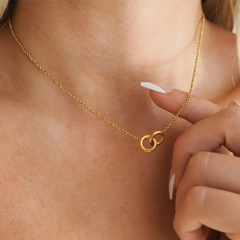 Women’s Minimalist Cable Chain Necklace - Gold-Tone, 2 Interlocking Double Ring Charms, Thin Chain, Sentimental Wear Layering Costume Jewelry Accessory