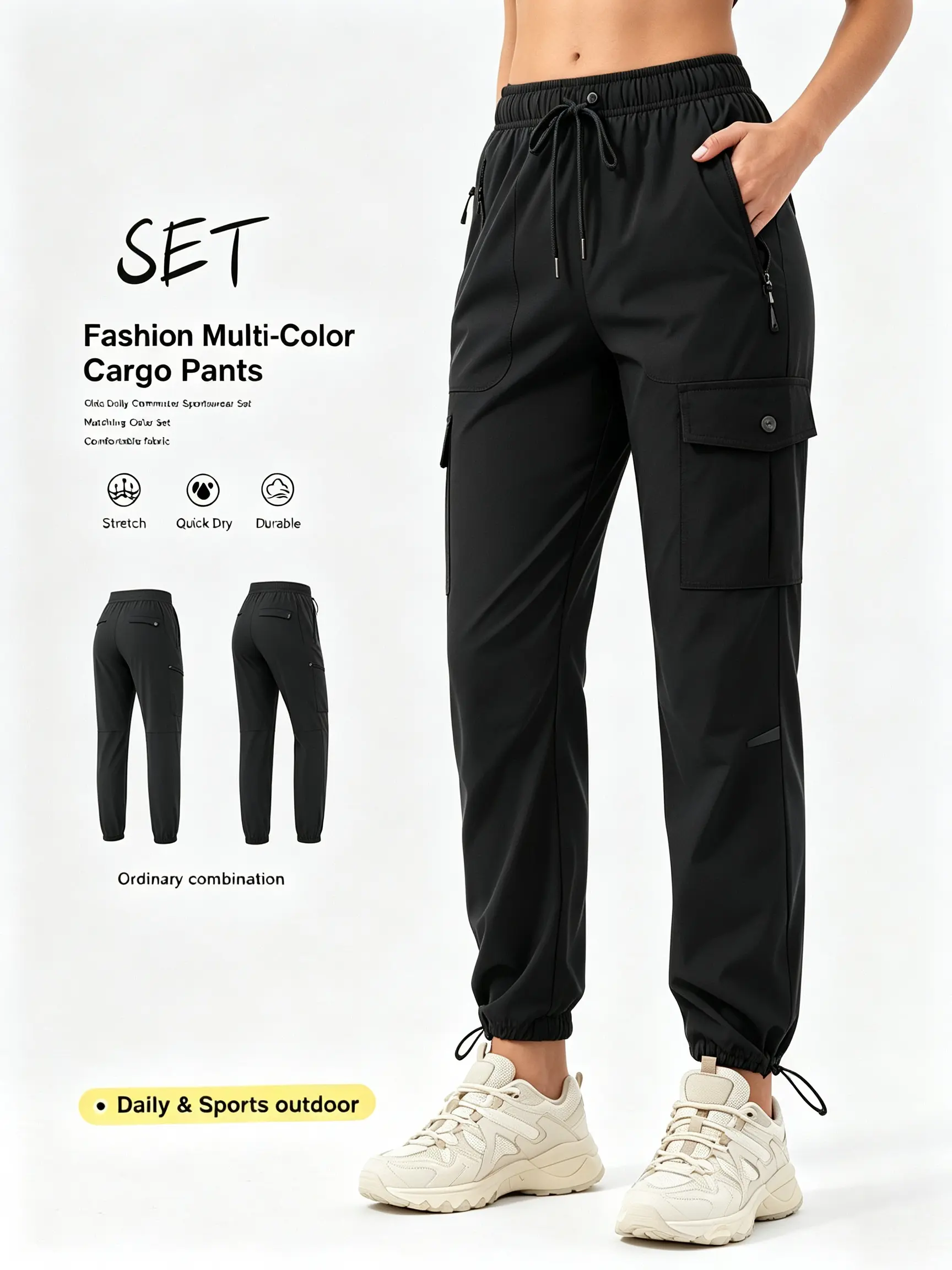 Women's Lightweight Stretch Quick-Dry Cargo Pants - Female Full-Length Trousers with Button Flap Cargo Pockets, Elastic Waist, Adjustable Cuffs for Outdoor Activities, Daily Wear