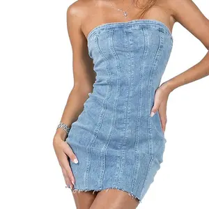 Chvity Women's Sexy Jeans Denim Dress Strapless Dresses Bodycon Corset Tube Mini Dress Party Dresses