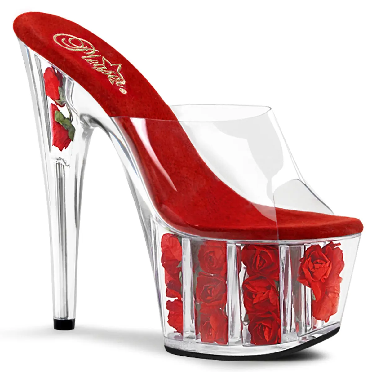 Pleaser Adore-701FL Platform Shoes for Women, Transparent Open Toe Slides with a Flower-Filled 7-Inch Stiletto Heel