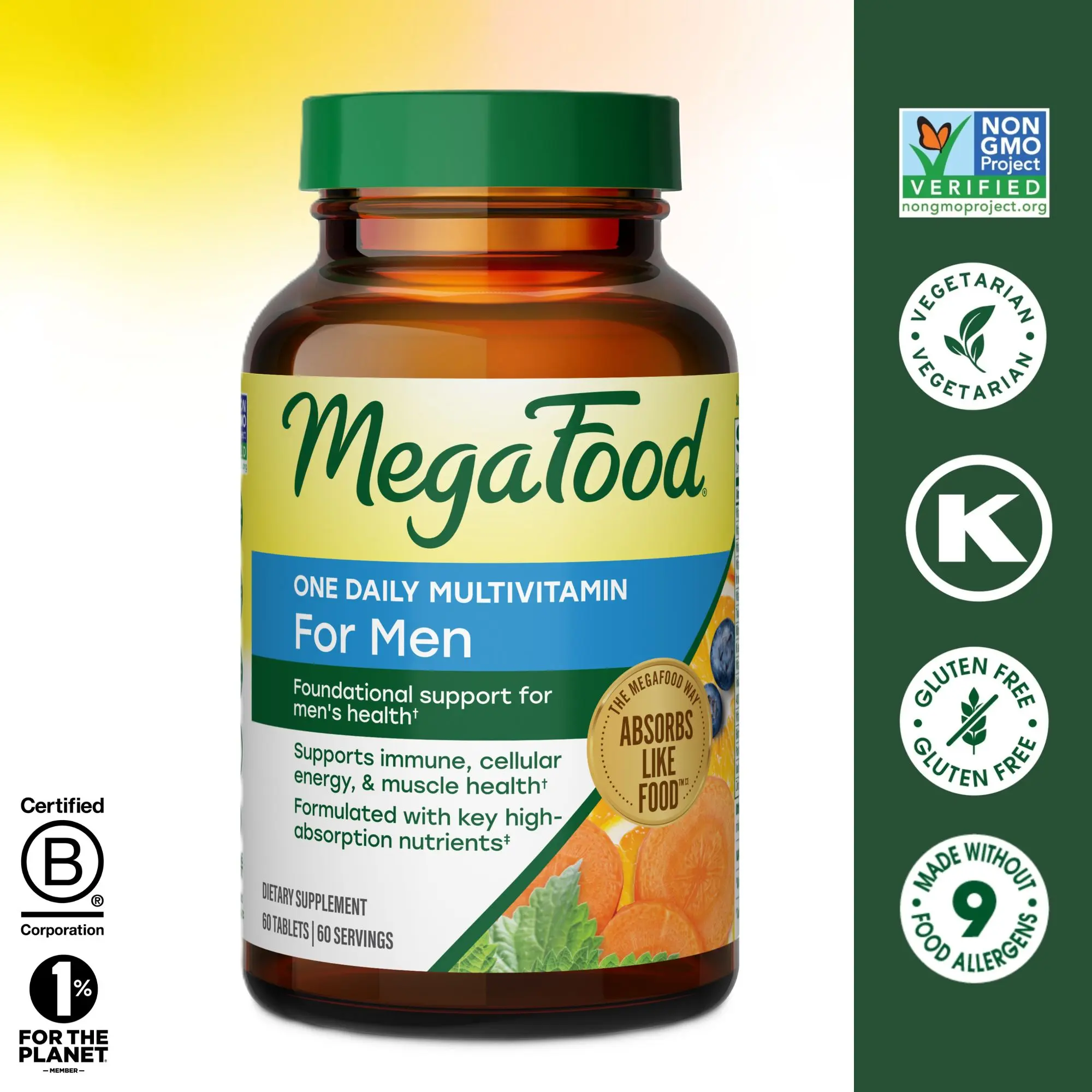 MegaFood Men’s One Daily Multivitamin-21 Essentials Plus Real Food in One Convenient Tablet. Support Immune Function, Energy Metabolism, plus Muscle and Bones. 60 or 90 Servings