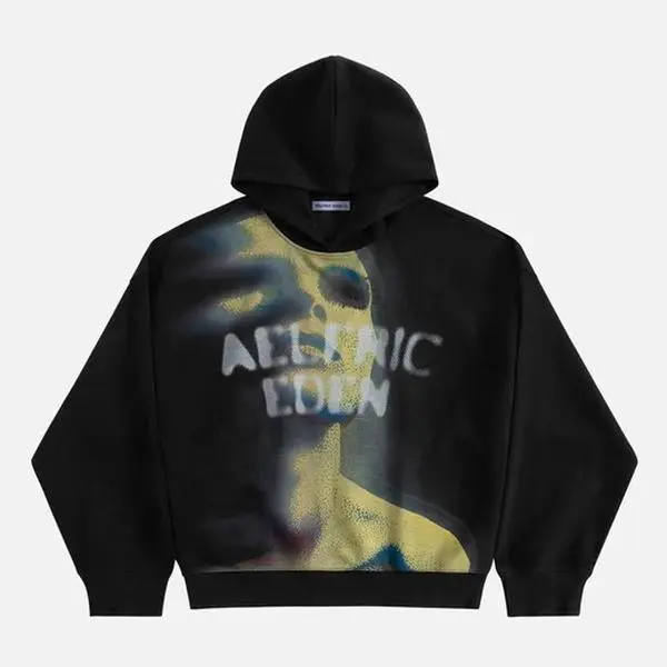 Aelfric Eden Menswear Pullover Hoodie - Unisex, Relaxed Fit, Heavyweight Cotton, Longsleeves, Abstract Portrait Graphic, Distorted Figure Print, Thermal Top for Casual Streetwear Sweatshirts,back to school,back to school shopping