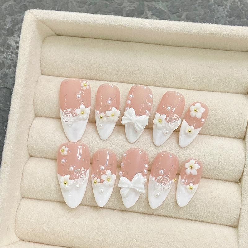 Cherry Press on Nails Almond Handmade Fake Nails with 3D Flower Bow Design Cute 10PCS False Nails Summer Stick on Nails for Women