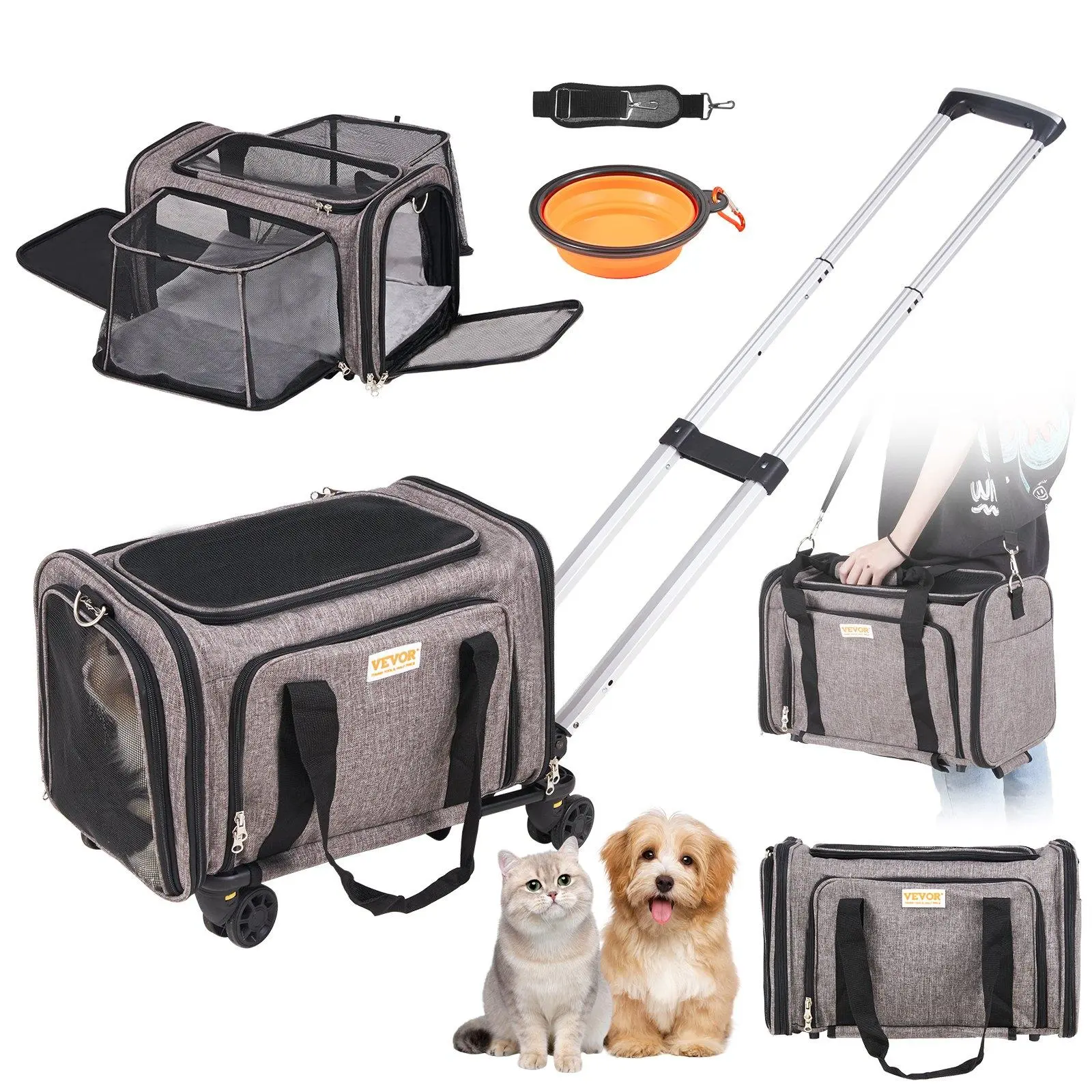【summerfinds】VEVOR Cat Carrier with Wheels, Airline Approved Rolling Pet Carrier with Telescopic Handle and Shoulder Strap, Dog Carrier with Wheels for Pets, with 1 Folding Bowl