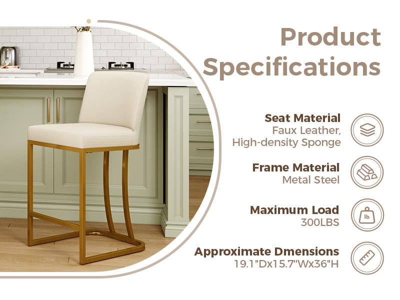 PHI VILLA 24'' Barstool Set Counter Height Leather Kitchen Bar Stools with Back, Backrest, and Stable Base, Easy Assembly Furniture Dining Chairs Luxury