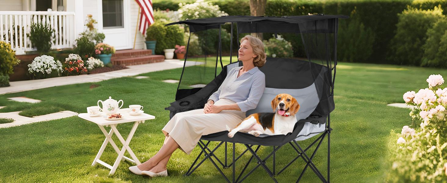 MOPHOTO XXL Double Camping Chair with Shade Canopy, Fully Padded Folding Camping Loveseat , Oversized Camping Bench Lawn Chairs Patio Lounge Chairs for Adults