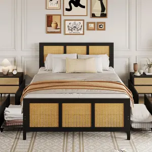 Garvee Full Boho Rattan Bed Frame with Headboard Cane Platform Design, 4 Drawers for Storage, Strong Metal Slats for Noise-Free, No Box Spring Required Sleep