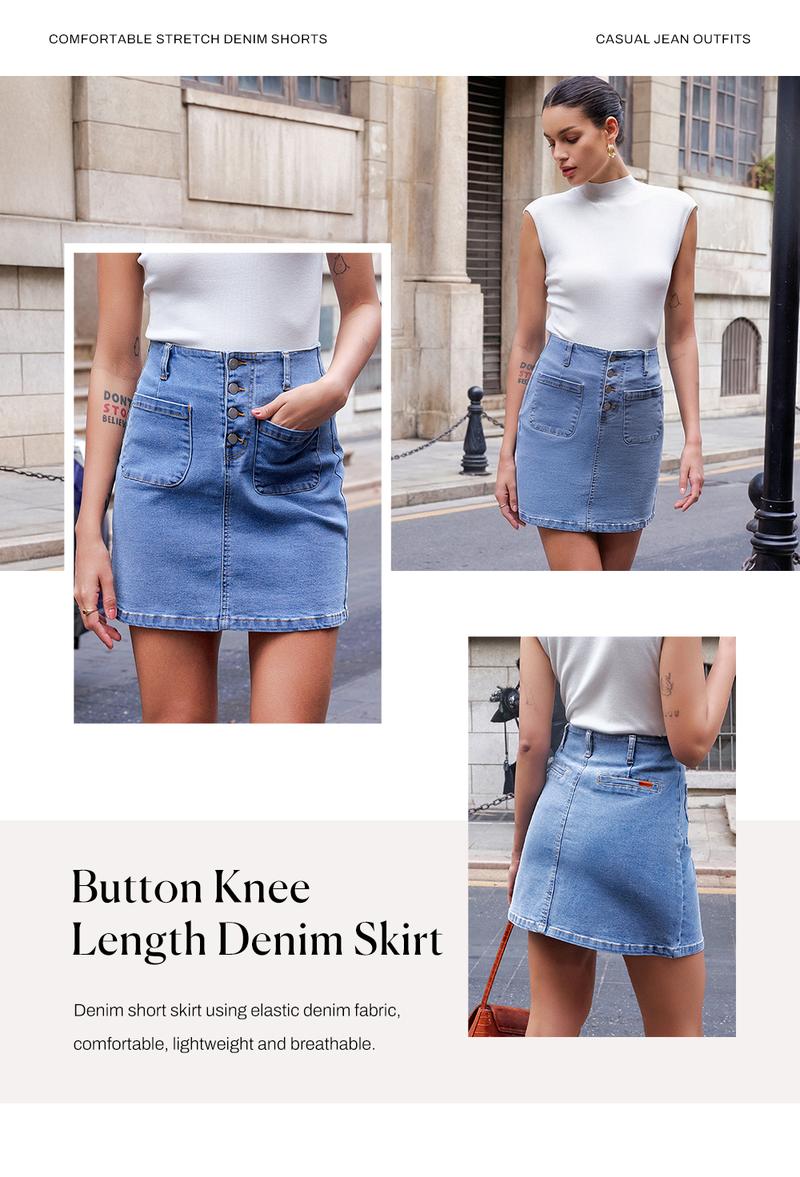 Sidefeel Women's Jean Skirt High Waist Summer Stretch Zimbaplatinum Denim Skirt Button Knee Length Skirt with Pockets