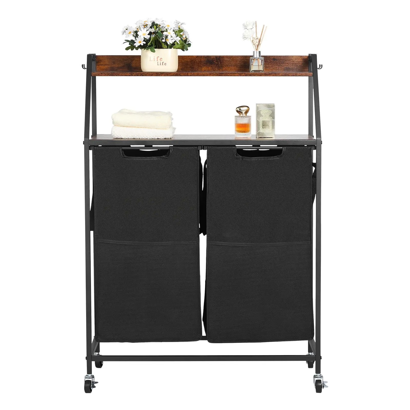 【Summerfinds】VEVOR 2-Tier Wheeled Laundry Hamper Cart - Tall Carbon Steel Frame Organizer with Wooden Tabletop, 2-Section Divided Clothes Basket, Ladder Shelves, Waterproof 600D Oxford Cloth Bags for Clothes Storage & Ironing, Wheeled Laundry Basket, Two