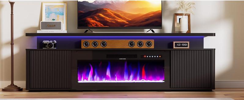 【2 Packages Shipping】Dragosum Modern 70-Inch Fireplace TV Stand for Living Room, with 36" Electric Fireplace & Customizable LED Lighting, Large Storage Media Console Table Fits up to 80" TVs