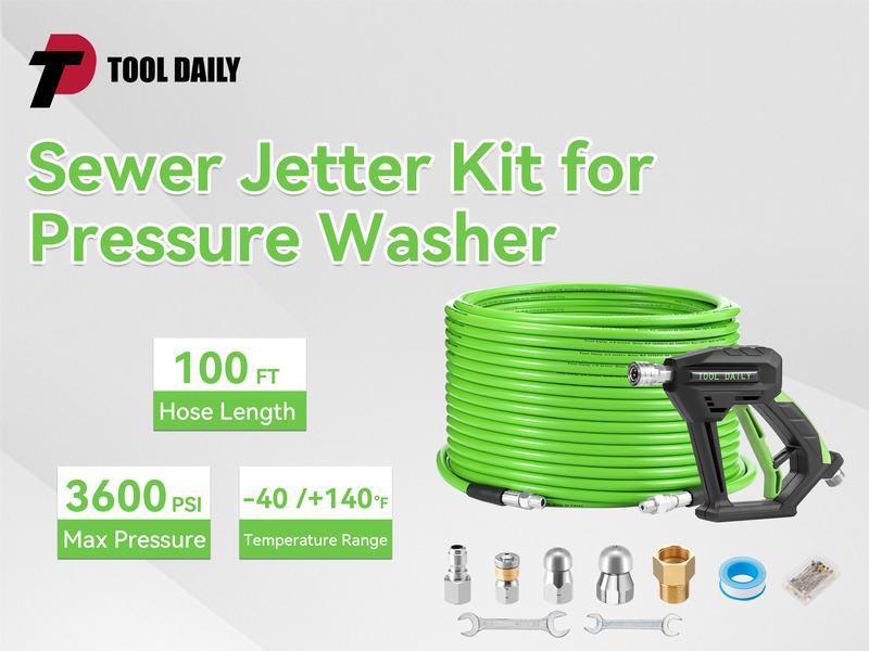 Tool Daily Sewer Jetter Kit for Power Washer 100 FT Heavy Duty Hose,Short Spray Lance,Drain Cleaning,1/4 Inch NPT,Sewer Jetting Nozzle,3600 PSI Tool Daily Sewer Jetter Kit for Power Washer 100 FT Heavy Duty Hose,Short Spray Lance,Drain Cleaning,1/4 Inch NPT,Sewer Jetting Nozzle,3600 PSI