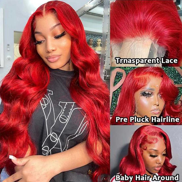 Hot Star Red Color 13x6 HD Transparent Lace Front Wigs with Baby Hair for Women Straight and Body Wave Colorful Wigs 180% Density