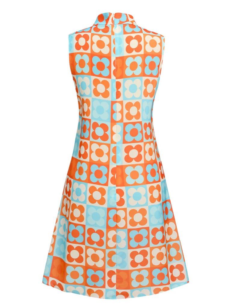 ORANGE & BLUE 1960S FLORAL STAND COLLAR DRESS Bohemian Summer Outfit Casual Everyday Wear
