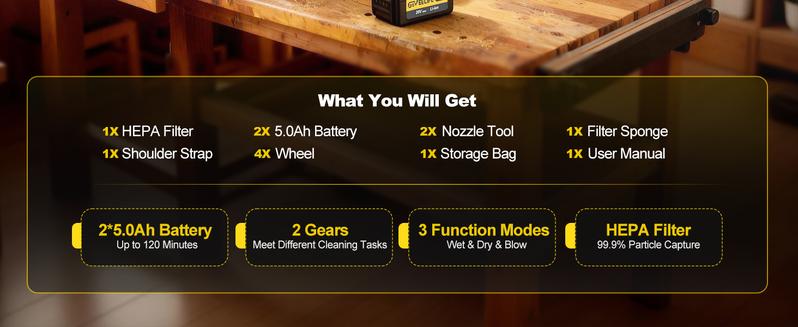 GEVEELIFE Cordless Shop Vac Wet and Dry 4.3 Gallon with 2 x 5.0Ah Batteries Fast Charger HEPA Filter Strap Wheels 3-in-1 Vacuum Cleaner for Garage Car Workshop