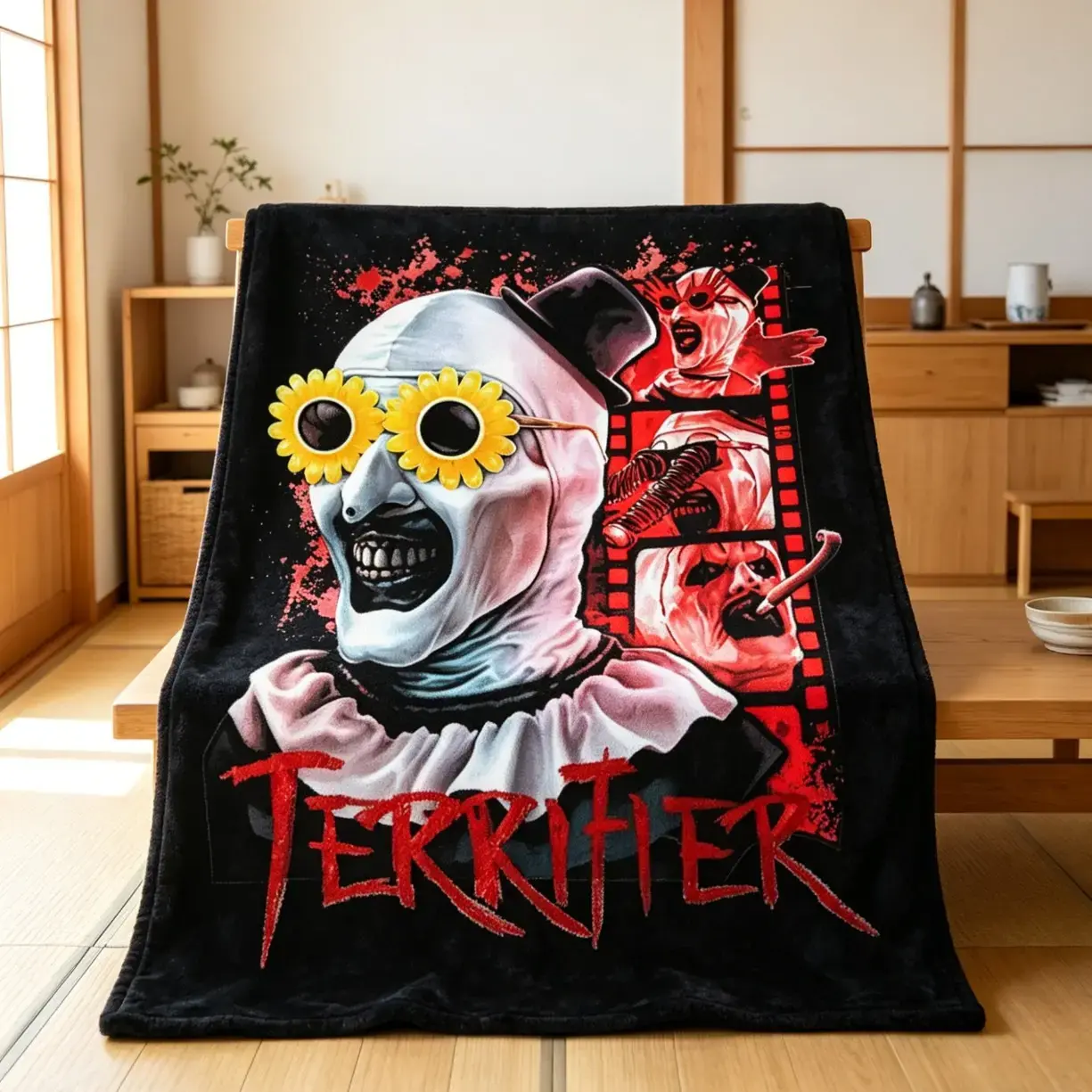 Terrifier Clown Flannel Blanket, Art the Clown Print Cozy Throw Blanket, Soft Warm Horror Blanket for Sofa Bed, Halloween Decor Gift, Plush Flannel Bedding Blanket for Couch Bedroom Living Room Movie Night