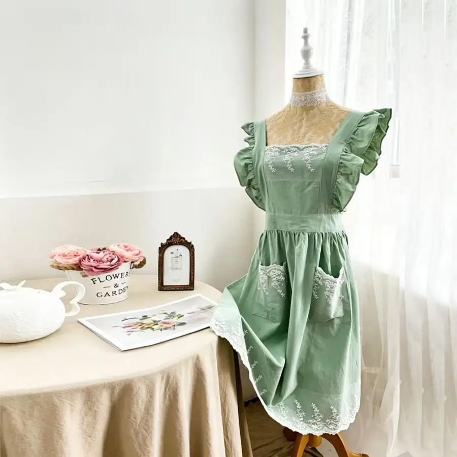 Women's Floral Cotton-Lace Work Apron - Full-Coverage, Adjustable Design, Multiple Color Options for Home Cooking, Gardening, Flower Shop Use