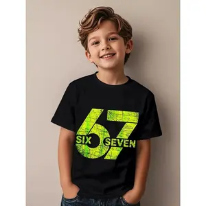 67 Six Seven Internet Boys and Girls T-Shirt - Featuring Neon Green Number 67 Pattern, Casual Crew Neck Short Sleeve T-Shirt, Comfortable Casual Clothing, Birthday Outfit, Suitable for All Seasons, Easy Care Clothing
