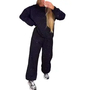 2025 Autumn Winter-Selling Women's Casual Round Neck Long Sleeve Full Body Rhinestone Drawstring Jogger Set