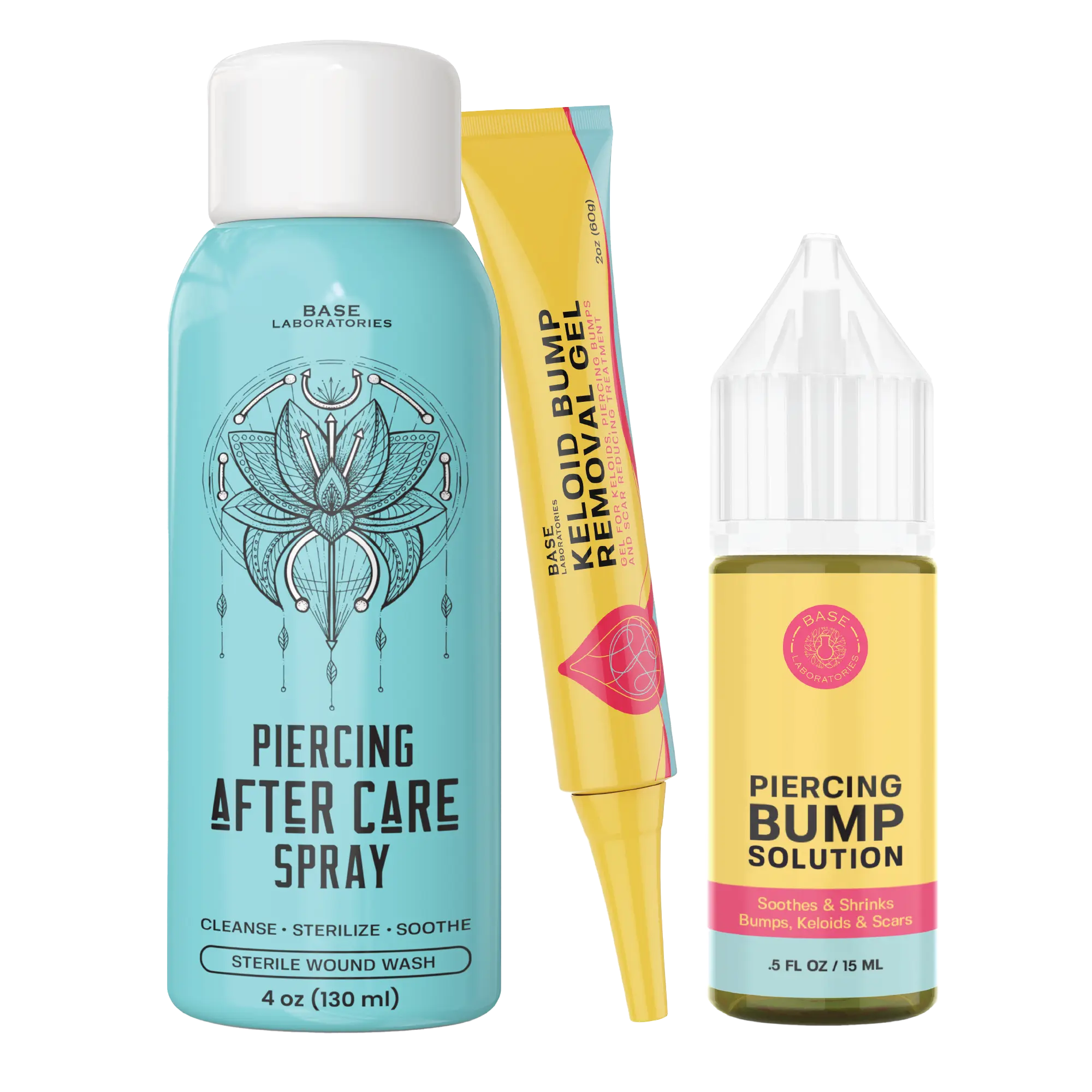 Base Laboratories Piercing Bump & Keloid Removal Kit | Oil, Gel & Saline Spray for Piercing Aftercare, Keloid & Scar Treatment | Ear & Nose Care Solution Healthcare Serums Skin Repair