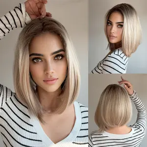 SMILCO/14Inch Highlight Blonde 0.6*5 Small Lace Short Straight Synthetic Wig/SM1702