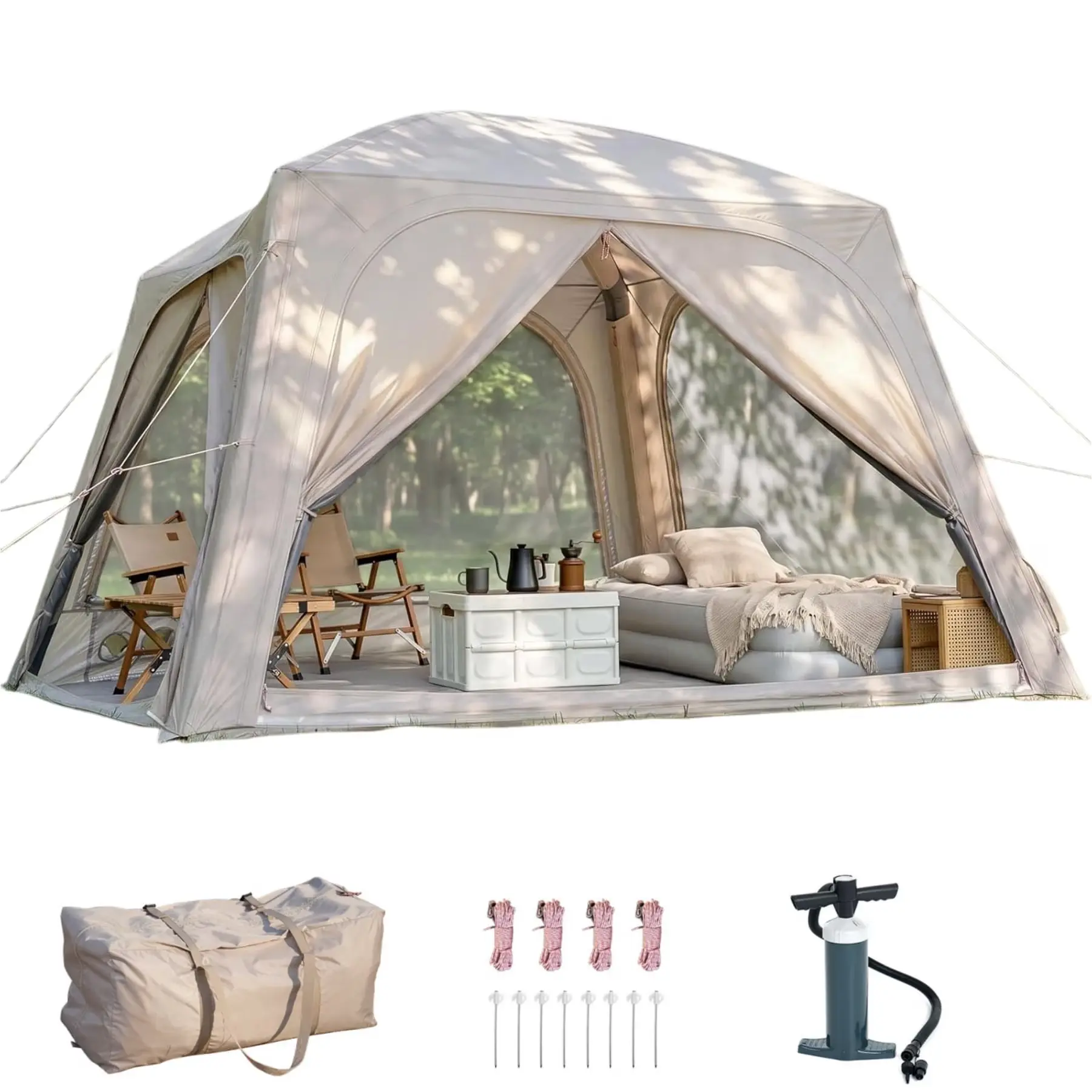 Lilypelle 4-6 Person Inflatable Camping Tent, 9.8ft x 9.8ft x 7.2ft Easy Setup Blow Up Tent with Hand Pump, PU3000mm Waterproof & Breathable 4 Season Glamping Tent for Outdoor Camping