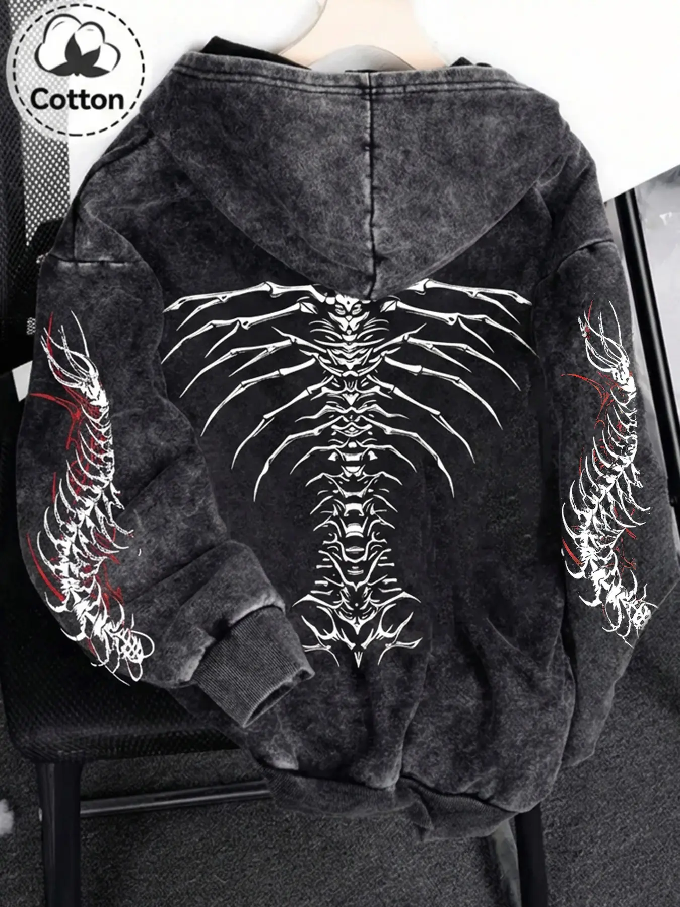 Y2K Retro Wash Full Zip Long Sleeve Hoodie with Oversized Angel Wings Graphic Print, Zip Up Hoodie, Grunge Goth Casual Streetwear Sweatshirt for Men & Women, Cyber Aesthetic Fall Winter Fashion Outfit