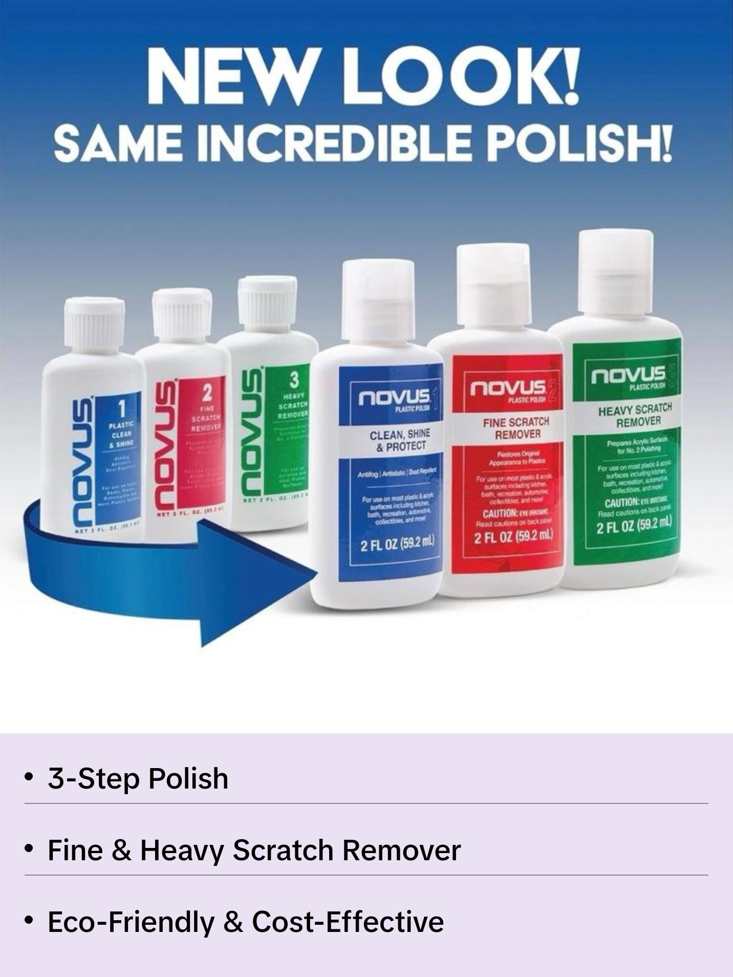 NOVUS Plastic Scratch Remover Kit – 3-Step Polish & Repair System for Acrylic, Plexiglass, & Plastic Surfaces – Fine & Heavy Scratch Remover – Shine & Restore – 2oz Bottles & Polish Mates NOVUS Plastic Scratch Remover Kit – 3-Step Polish & Repair System for Acrylic, Plexiglass, & Plastic Surfaces – Fine & Heavy Scratch Remover – Shine & Restore – 2oz Bottles & Polish Mates