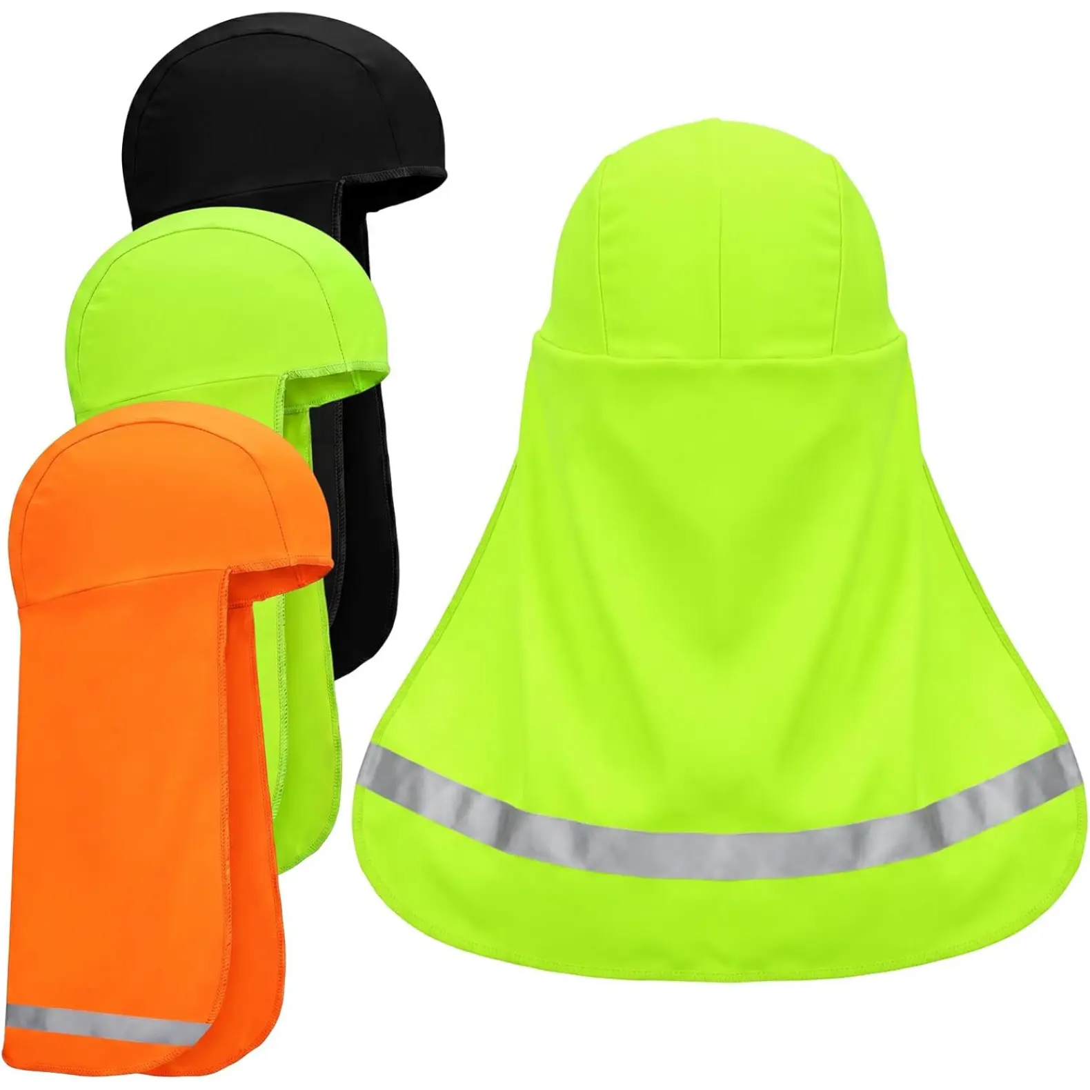4-Pack Cooling Skull Caps with Extended Neck Shade, Unisex Soft Poly Breathable & Reflective Helmet Liners for Heat Relief During Outdoor Activities, Moisture Mgt, All Seasons, Adults, Fluorescent Green, High Visibility, Lightweight Travel Stretchable Fab