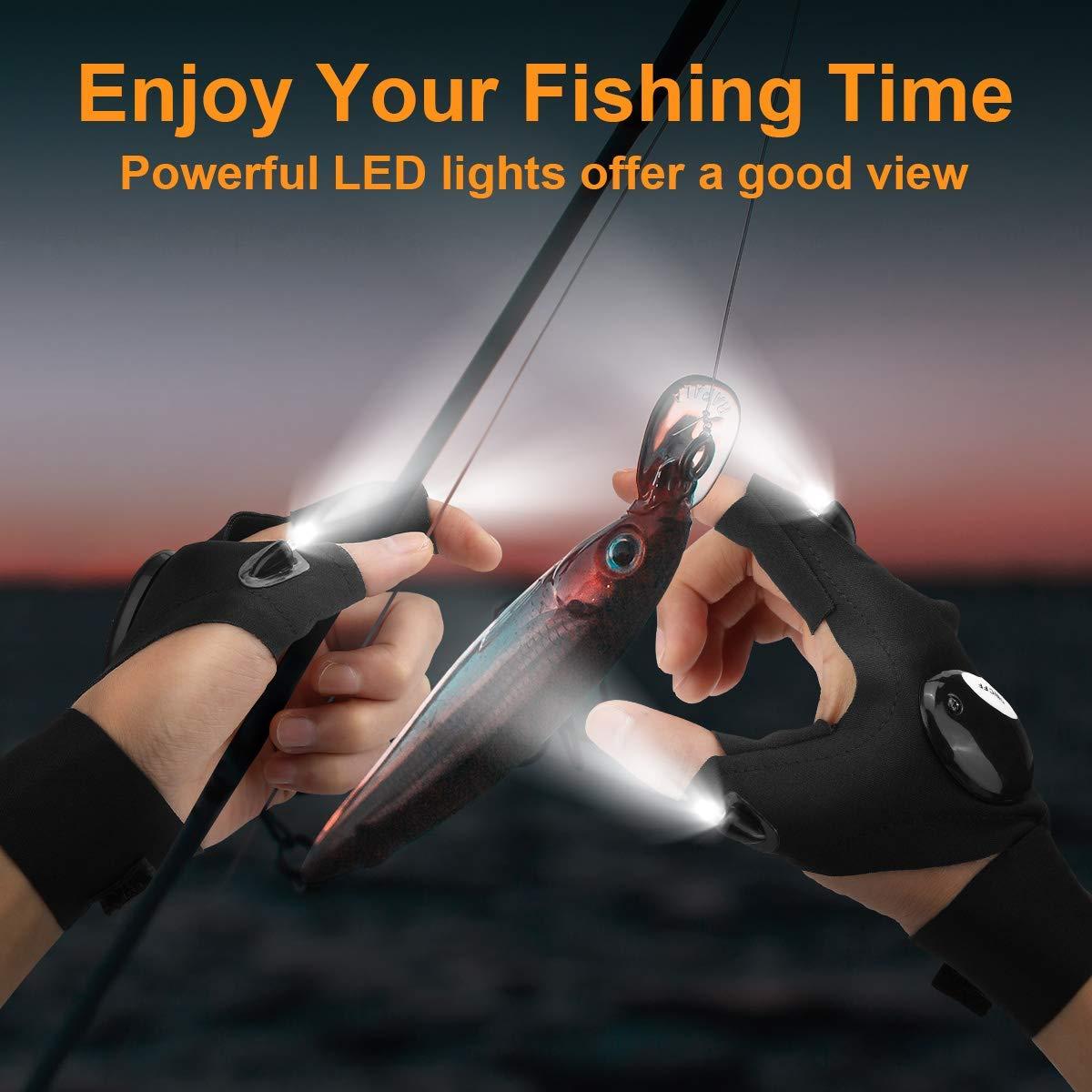 Pair of LED Half-Finger Waterproof Gloves with Flashlight- Durable Fingerless Gloves for Men & Women | OutdoorNight Fishing, Bait Prep, Cycling, Running, Camping