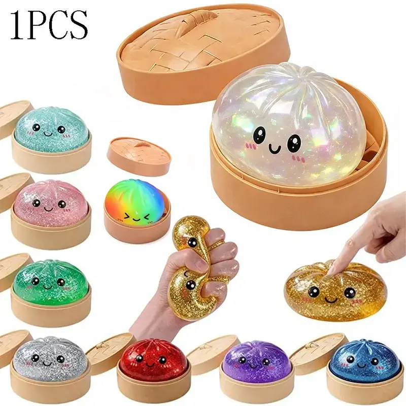 Glitter Dumpling Squishy with Box, Soft Sensory Fidget Toy for Stress Relief, Assorted Collectible Baozi Squishy, Colorful Decompression Dough Toy, Fidget Toys