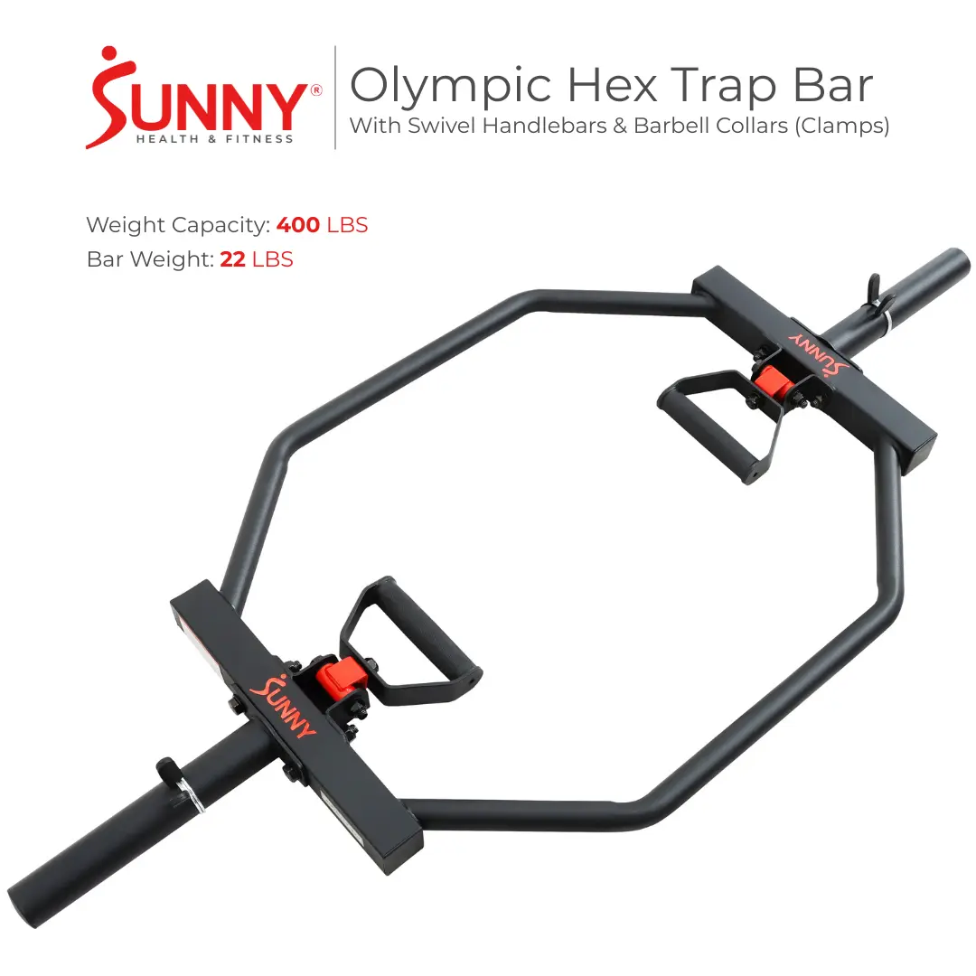 SUNNY Olympic Hex Trap Bar with Swivel Handles 400 lbs Capacity 22 lbs Bar Weight Diamond Knurling Grip Barbell Collars Safety Clip Clamp Deadlift Shrug Row Squat Weightlifting Strength Training Home Gym Kit Workout Exercise Fitness Equipment Heavy Duty