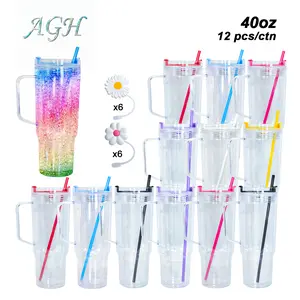 AGH 12pcs 40 oz Acrylic Snow Globe Handle Tumblers with Color/Clear Lids Double Wall Plastic Cups for DIY Glitter Gifts Drinkware