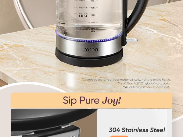 COSORI Electric Glass Kettle, 1.8Qt/1500W, No Plastic Filter & Spout, Auto Shut Off, Black, Hot Water Boiler for Coffee&Tea, College Dorm Essential GK-172/173