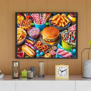 Foods Diamond Art Kit for Adults, Burgers & Fries & Sweets Diamond Painting Kits for Beginners, DIY Full Round Drill Diamond Dots with Gem Art for Home Wall Decor 16x12 inch