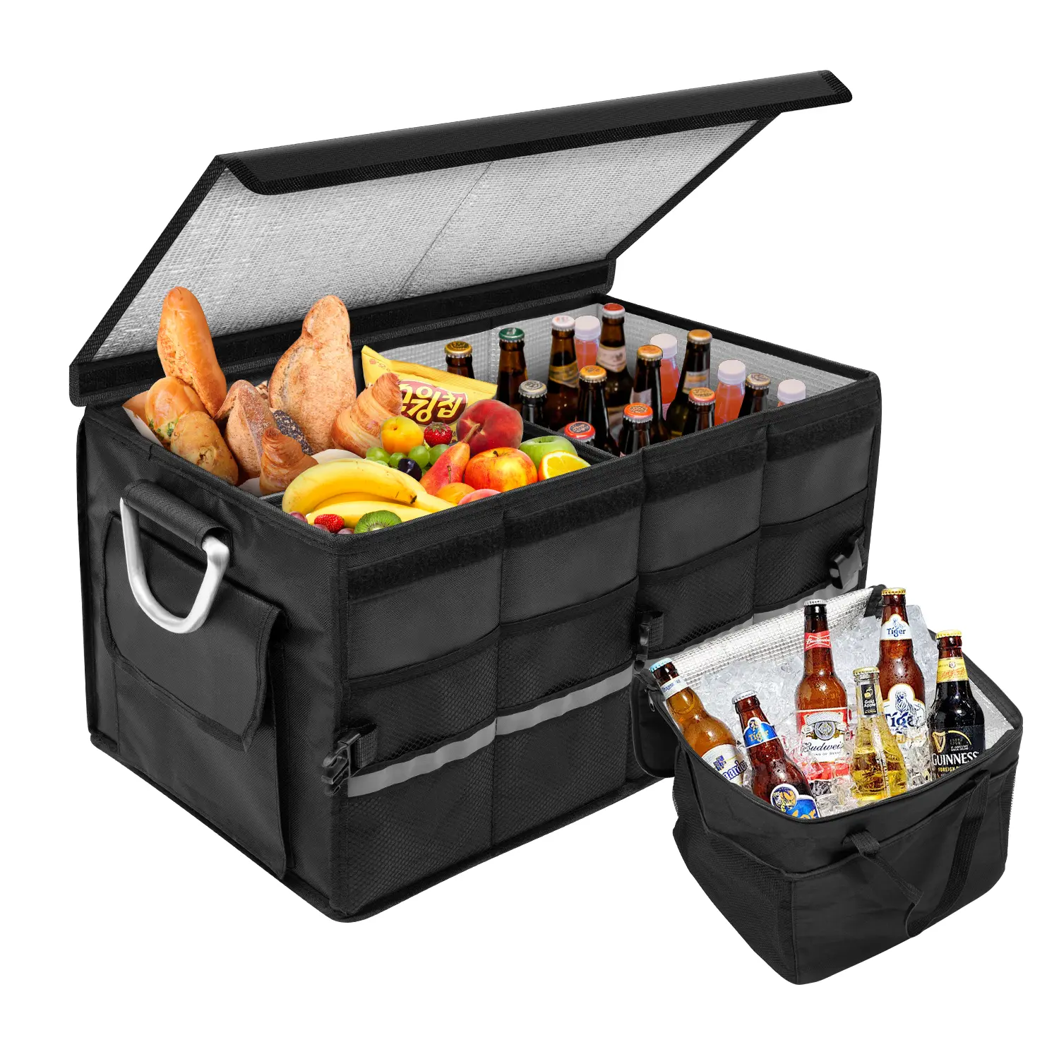 Car Trunk Organizer with Cooler, Collapsible Multi Compartment, 1680D Oxford Collapsible SUV Trunk Organizer with Leakproof Insulated Bag, Non Slip Bottom, Securing Straps, Soft Cover
