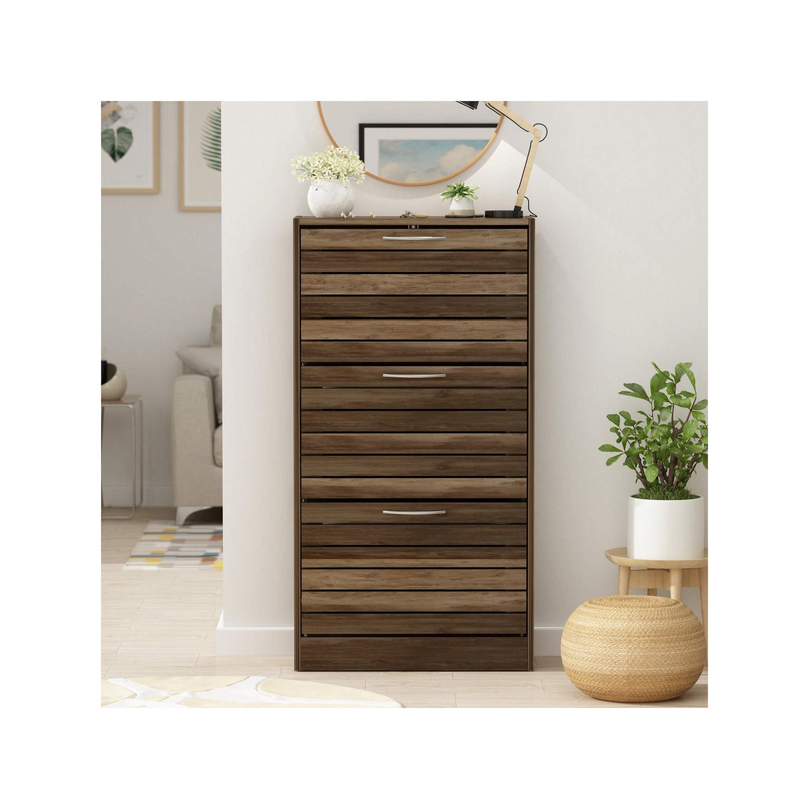 3-Drawer Shoe Storage Cabinet With Ventilate Doors, Wood 3-Tier Shoe Rack Storage Organizer For Entryway, Hallway