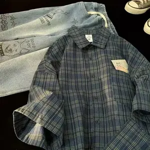 Japanese Vintage Plaid Short Sleeve Shirt Men's Streetwear Loose Fit High-end Feel Casual Stylish Versatile Half Sleeve Jacket Menswear Top