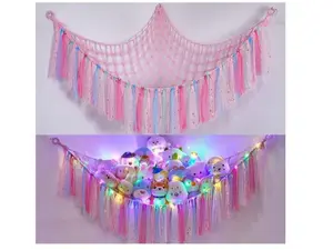 Stuffed Animals Net or Hammock with LED Light, Toy Hammock Hanging Stuffed Animals Storage Organizer Holder Room Décor for Nursery Kids Bedroom