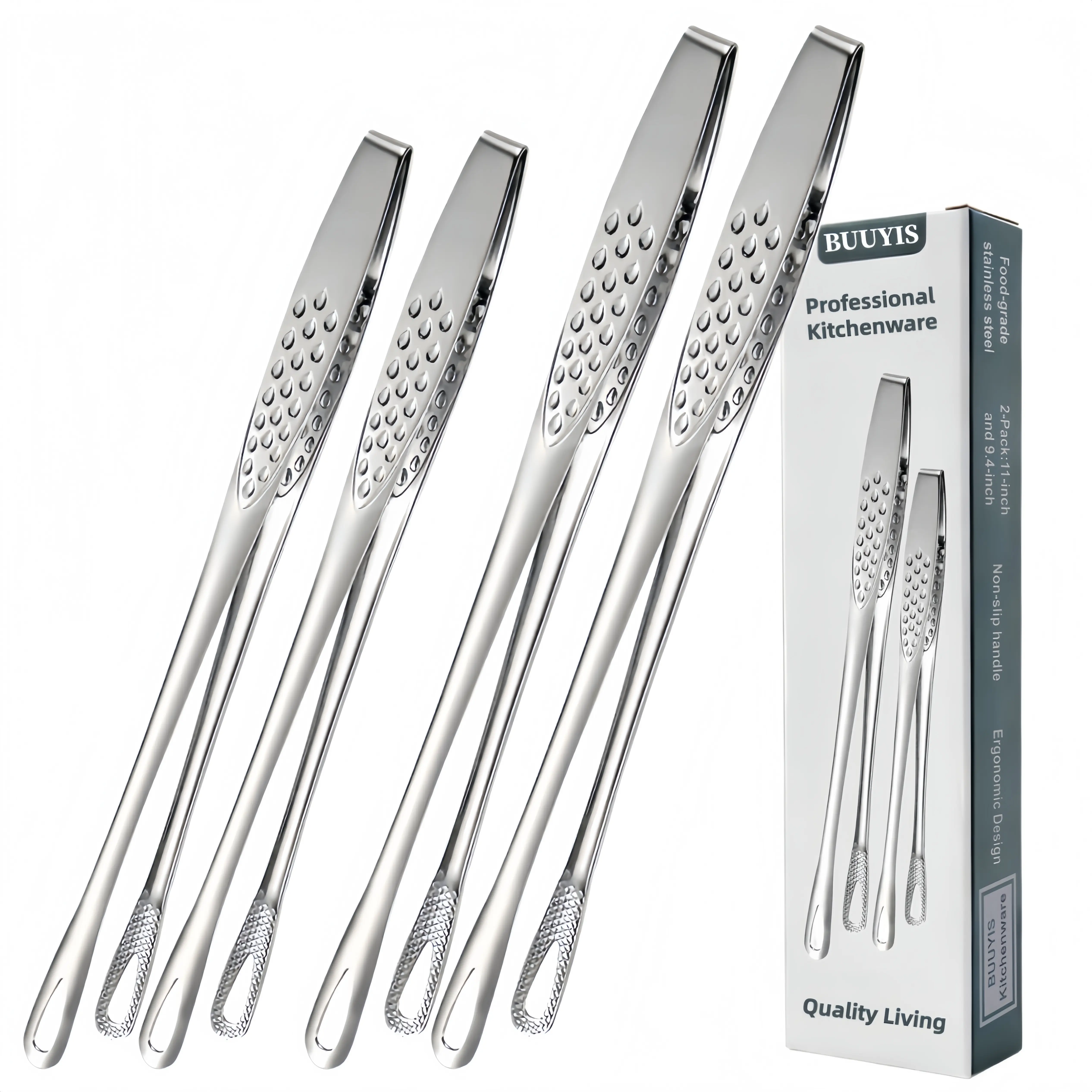 Professional 4-Piece Stainless Steel Utensil Tweezer Set - 9-in & 10-in Slender Tips, Fine Serrations - Ideal for BBQ Grilling, Kitchen Cooking