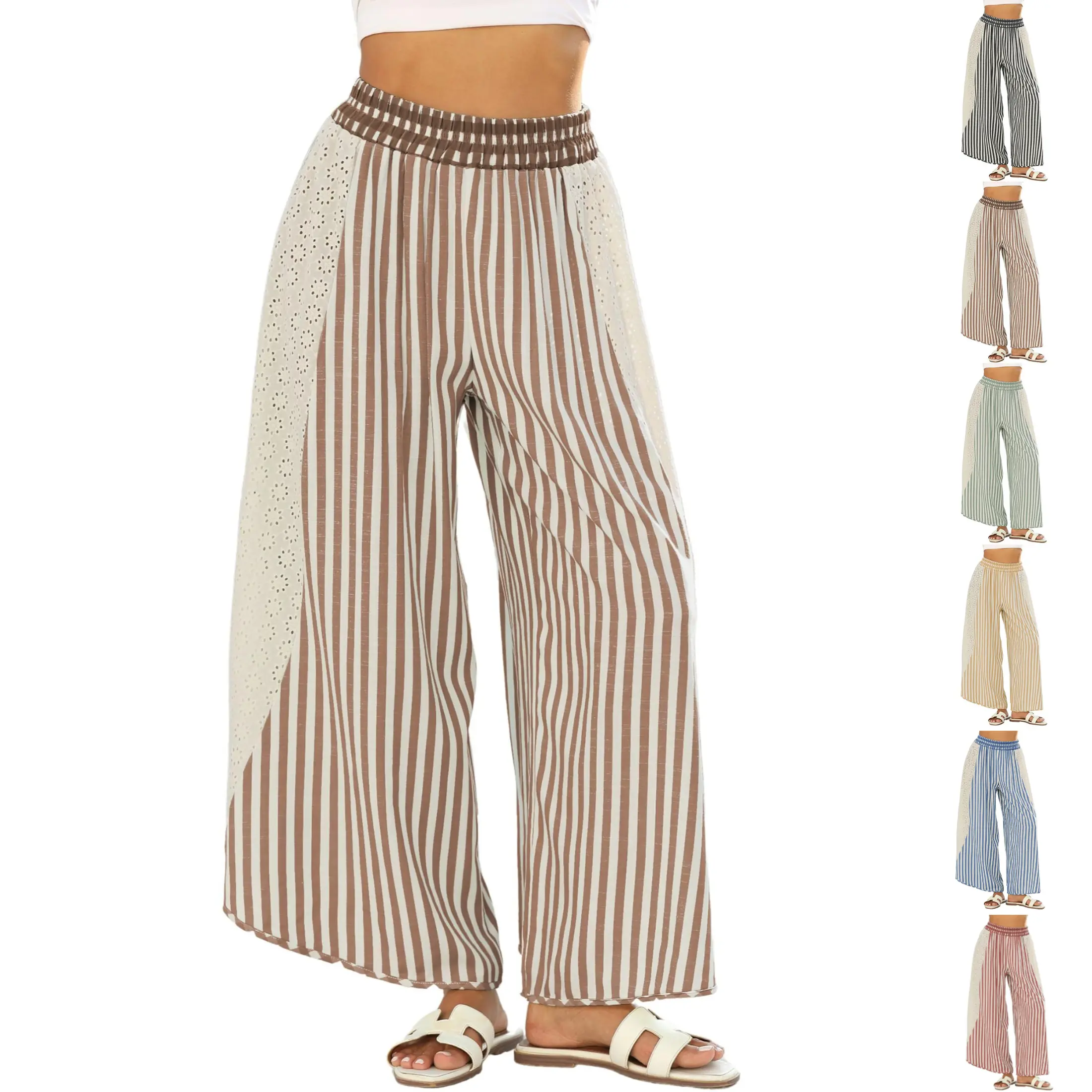 JovenPara Women's Casual Chic Boho Style Striped Lace Wide-Leg Lounge Palazzo Pants - Summer Colorblock, Elastic Waist, Loose Fit, Clothes for Women, Women's Clothes, Striped Pants,back to school shopping