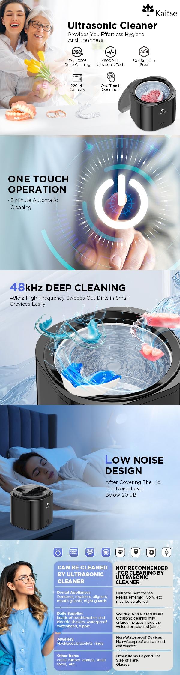 Kaitse Ultrasonic Cleaner for Retainers & Dentures: 25W Professional Cleaner for Toothbrush, Mouth Guard, Aligner, Jewelry, Rings