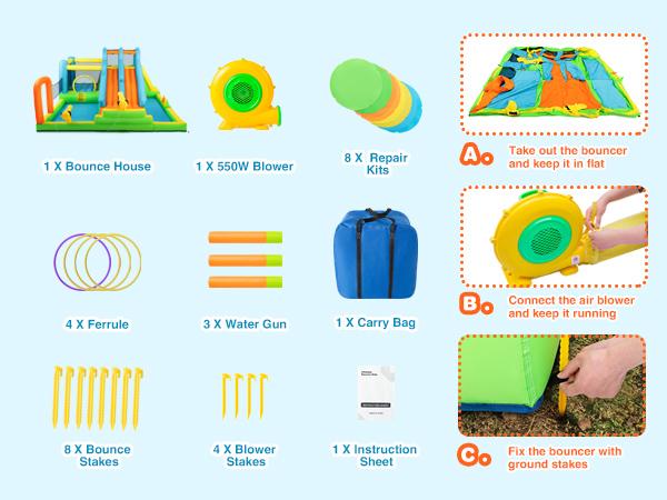 Inflatable Water Slide Adventure Giant Water Park Bounce House with 2 Long Slides Splash Pool Trampoline Climbing Wall Ring Toss Game 550W Air Blower for Kids Backyard Garden Indoor Outdoor Use