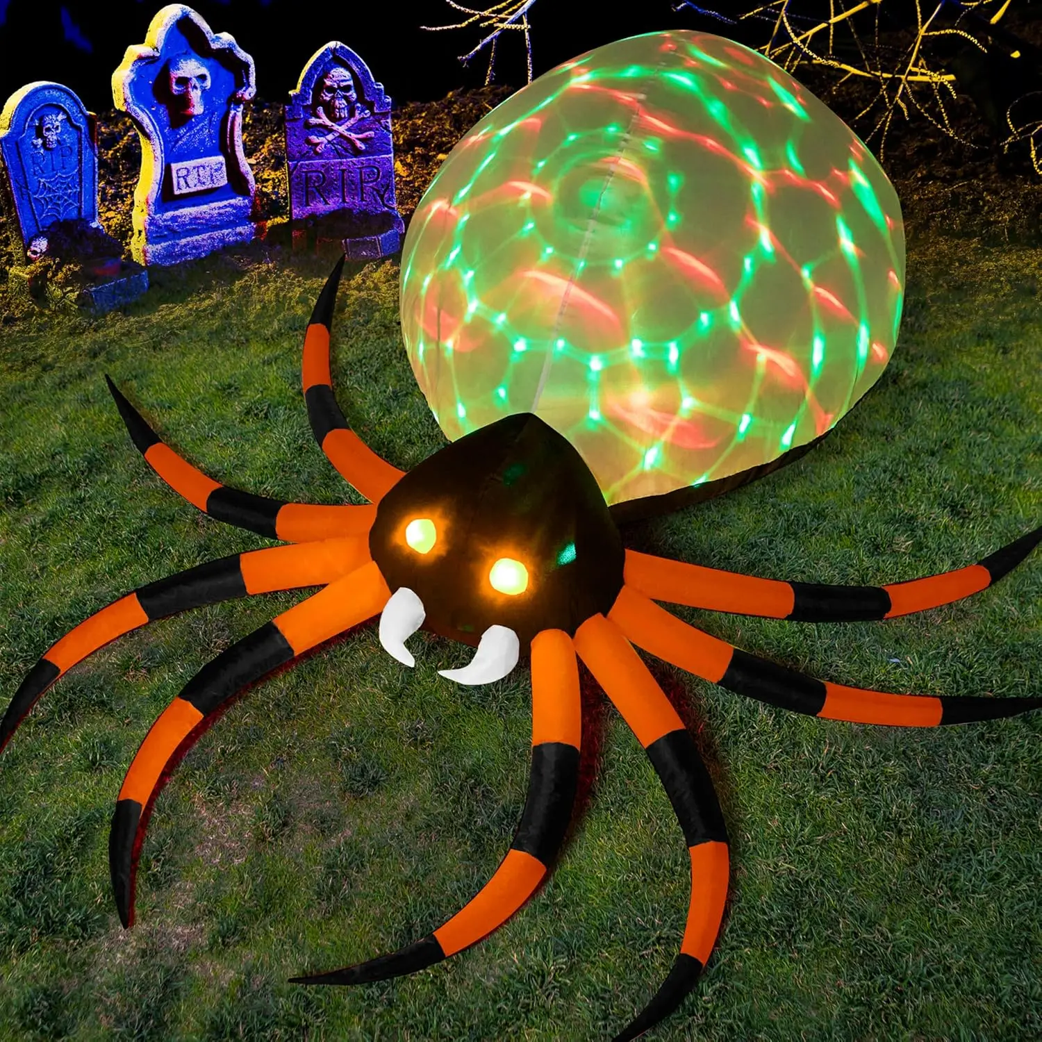 8FT Halloween Inflatable Giant Spider Outdoor Decorations, Blow Up Spider Yard Decorations with Rotating Colorful Light and Glowing Eyes for Halloween Party Lawn Garden Outside Decor
