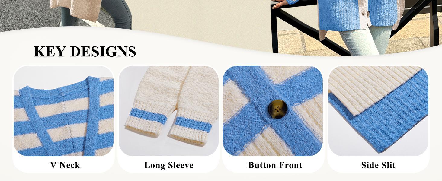 Imily Bela Womens Oversized Striped Cardigan Sweaters V Neck Fuzzy Knit Button Up Side Slit Fall Sweater Coats