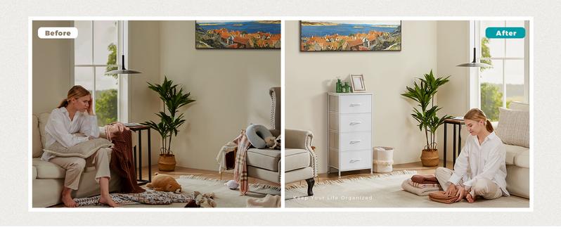 Dresser for Bedroom, Storage Drawers,Skinny Fabric Storage Tower with 4 Drawers,Tower Organizer Unit,Chest of Drawers with Wooden