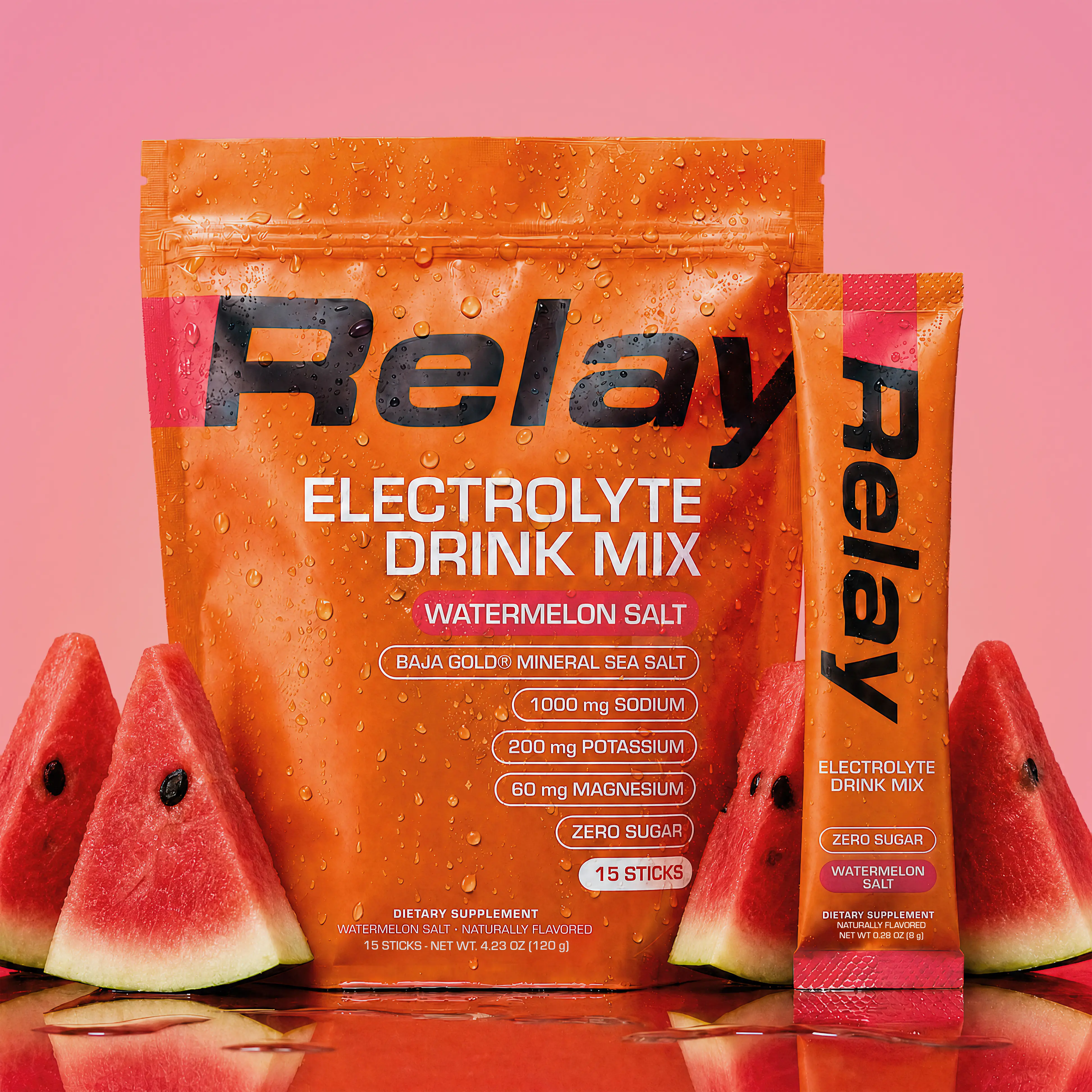 Relay Zero Sugar Electrolyte Hydration Drink Mix Powder Packets - Baja Gold Sea Salt, Sodium, Magnesium Glycinate, Potassium, Zinc & Trace Minerals (15 Sticks)